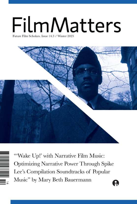 Cover of FM 14.3 (2023) -- a bisected screenshot from Malcolm X of a Black man (Denzel Washington as Malcolm X) on a city street, trees and buildings in the background, as he looks toward the camera while wearing an overcoat, suit and tie, and hat; the resulting two images are overlaid by a blue filter.